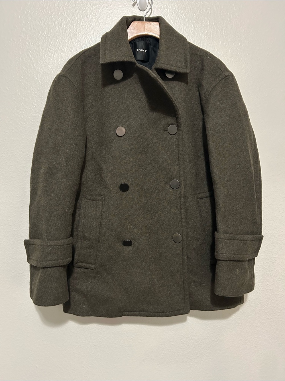 Theory Women's Double-Breasted Wool Peacoat in Olive Brown, Size TP/P